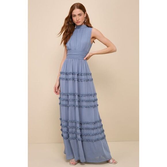 Lulus Dresses & Skirts - Lulus Enchantingly Sweet Slate Blue Chiffon Backless Maxi Dress - Size XS